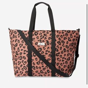 Victoria's Secret PINK Leopard Print Large Brown Zip Top Travel Tote Bag - NWOT